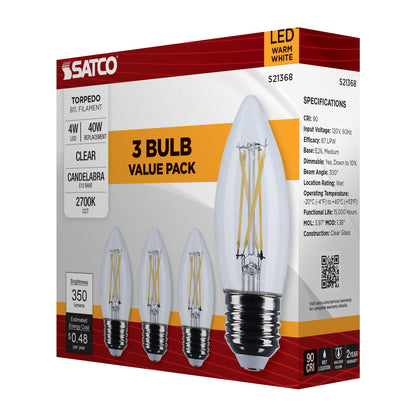 image of 4 Watt B11 LED - Clear - Medium base - 90 CRI - 2700K - 120 Volt - 3-Pack