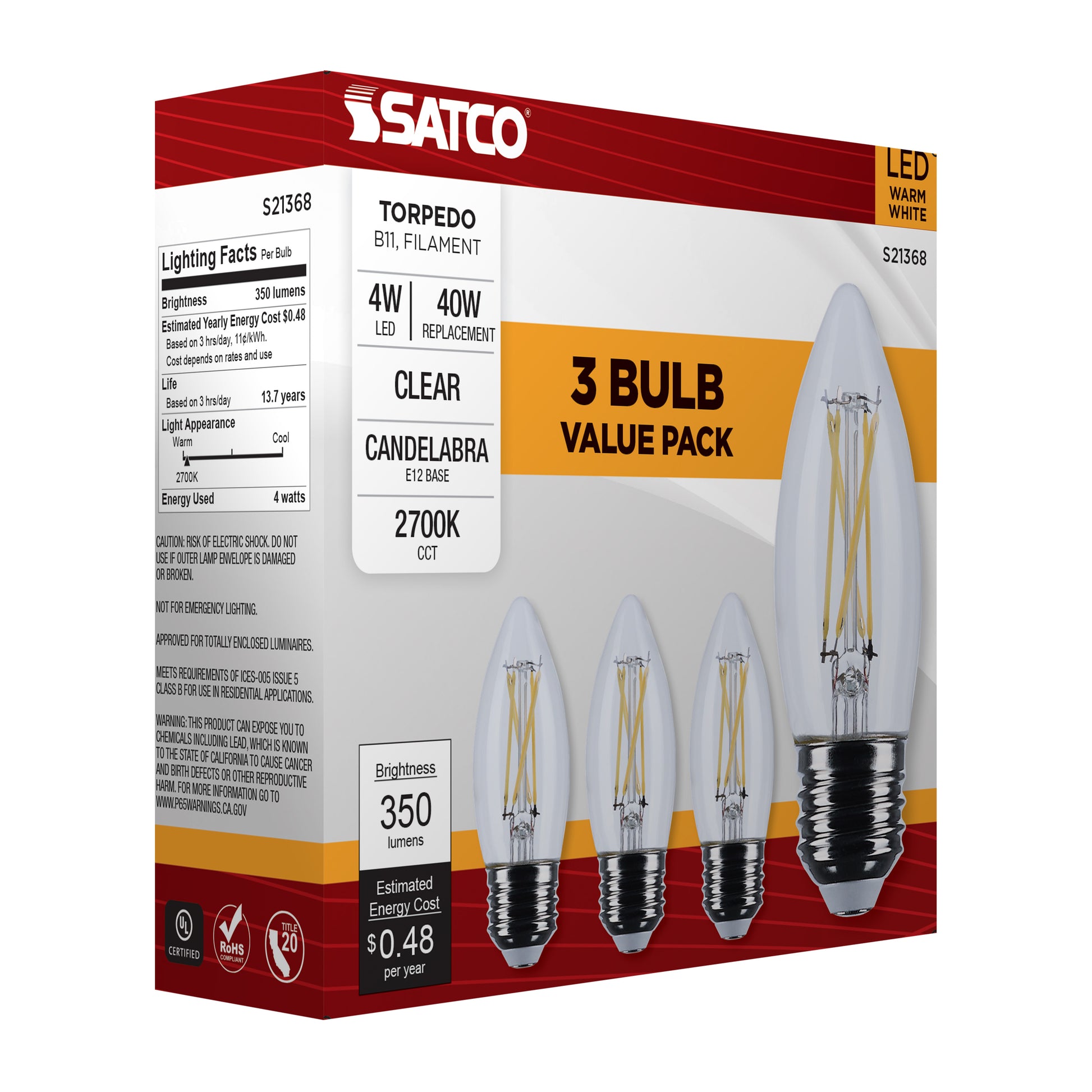 image of 4 Watt B11 LED - Clear - Medium base - 90 CRI - 2700K - 120 Volt - 3-Pack