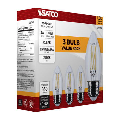 image of 4 Watt B11 LED - Clear - Medium base - 90 CRI - 2700K - 120 Volt - 3-Pack