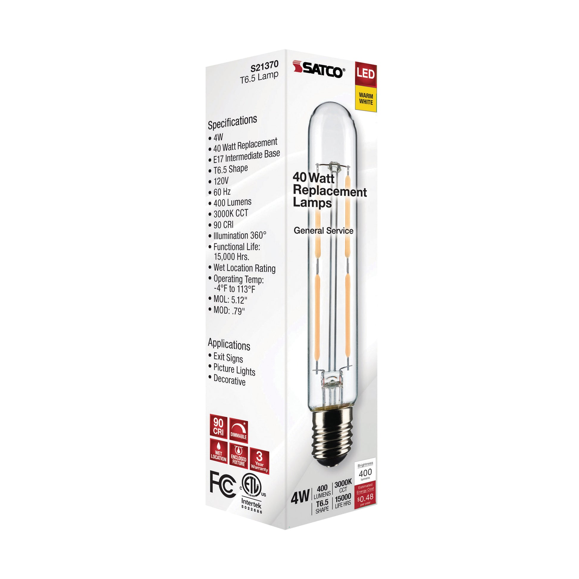 image of 4 Watt T6.5 LED - Clear - Intermediate Base - 3000K - 400 Lumens - 120 Volt