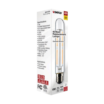 image of 4 Watt T6.5 LED - Clear - Intermediate Base - 3000K - 400 Lumens - 120 Volt