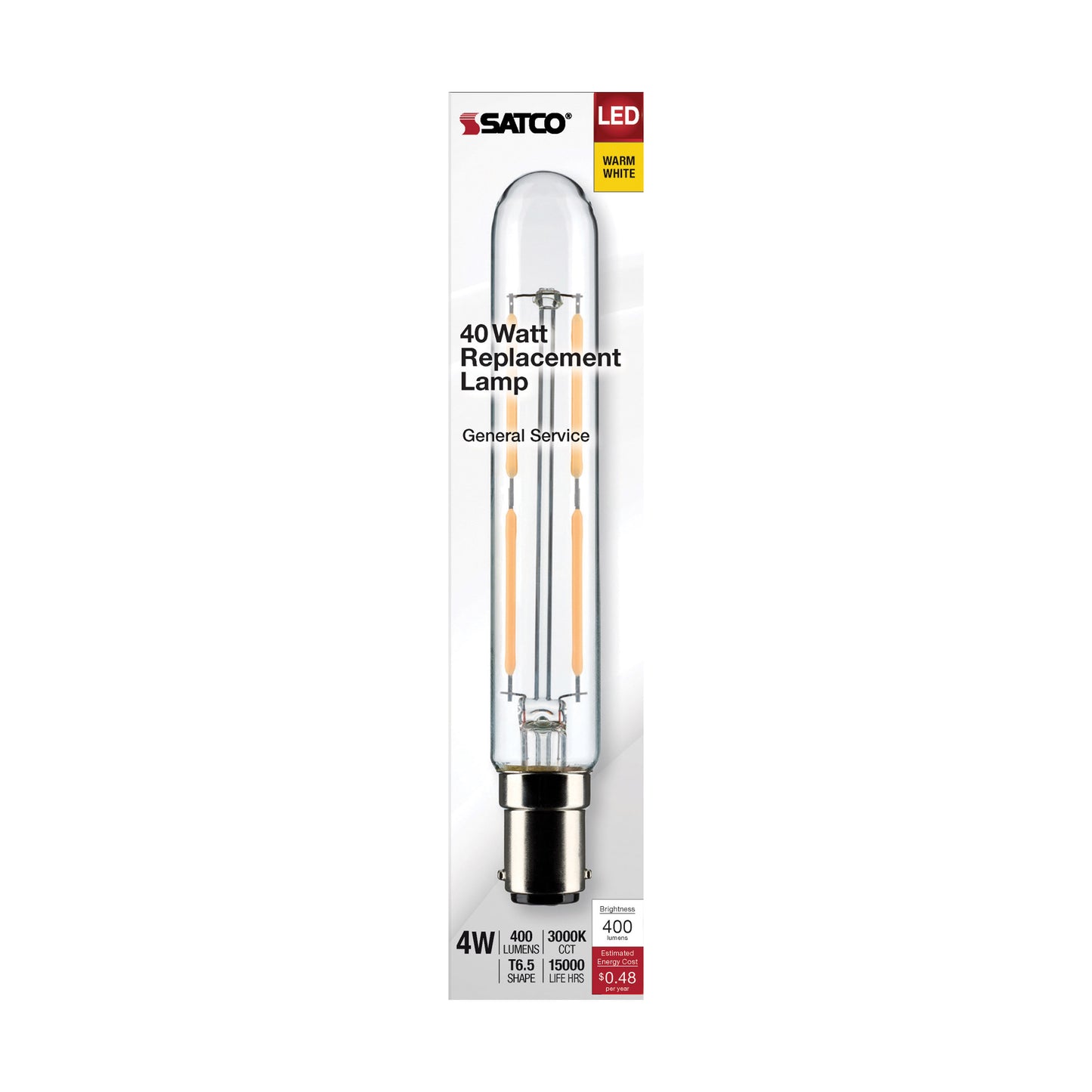 image of 4 Watt T6.5 LED - Clear - Double Contact Bayonet Base - 3000K - 400 Lumens - 120 Volt