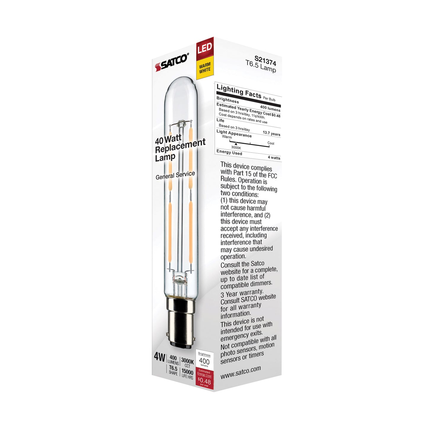 image of 4 Watt T6.5 LED - Clear - Double Contact Bayonet Base - 3000K - 400 Lumens - 120 Volt