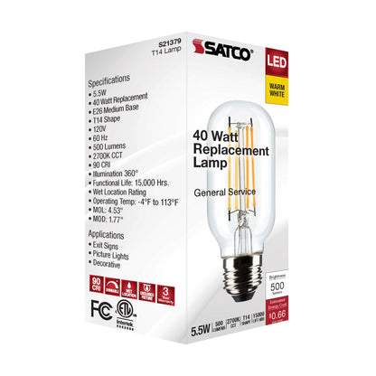 image of 5.5 Watt T14 LED - Clear - Medium Base - 2700K - 500 Lumens - 120 Volt