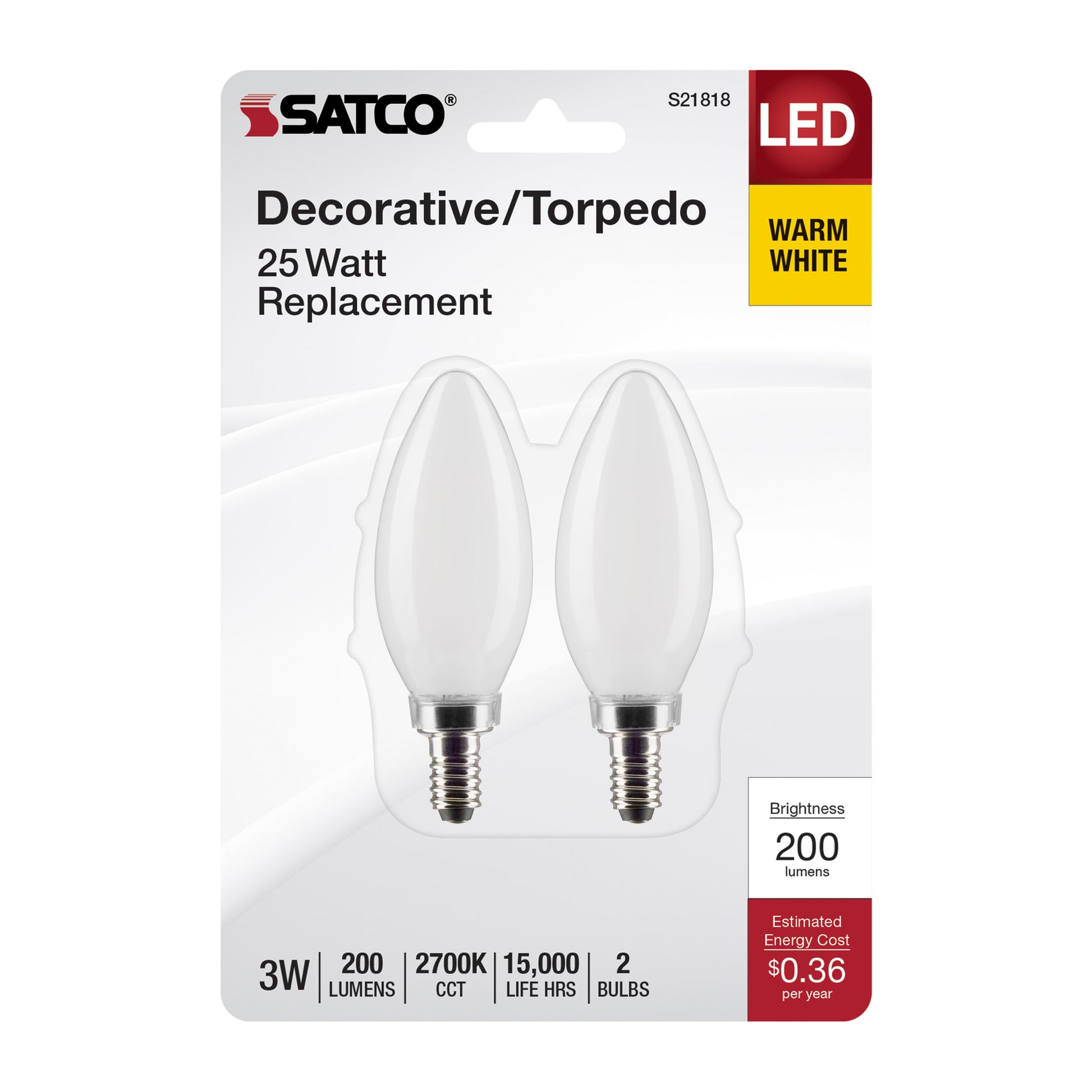 image of 3 Watt B11 LED - Frosted - Candelabra Base - 2700K - 200 Lumens - 120 Volt - 2-Pack