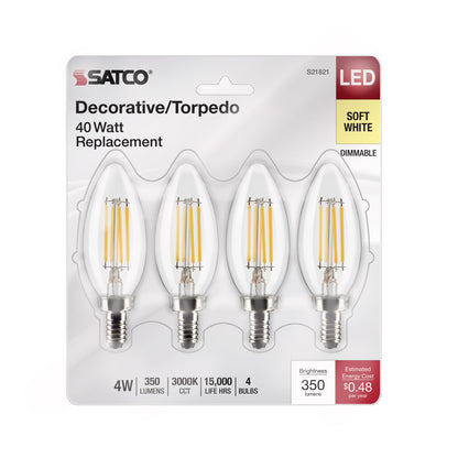 image of 4 Watt B11 LED - Clear - Candelabra Base - 3000K - 350 Lumens - 120 Volt - 4-Pack