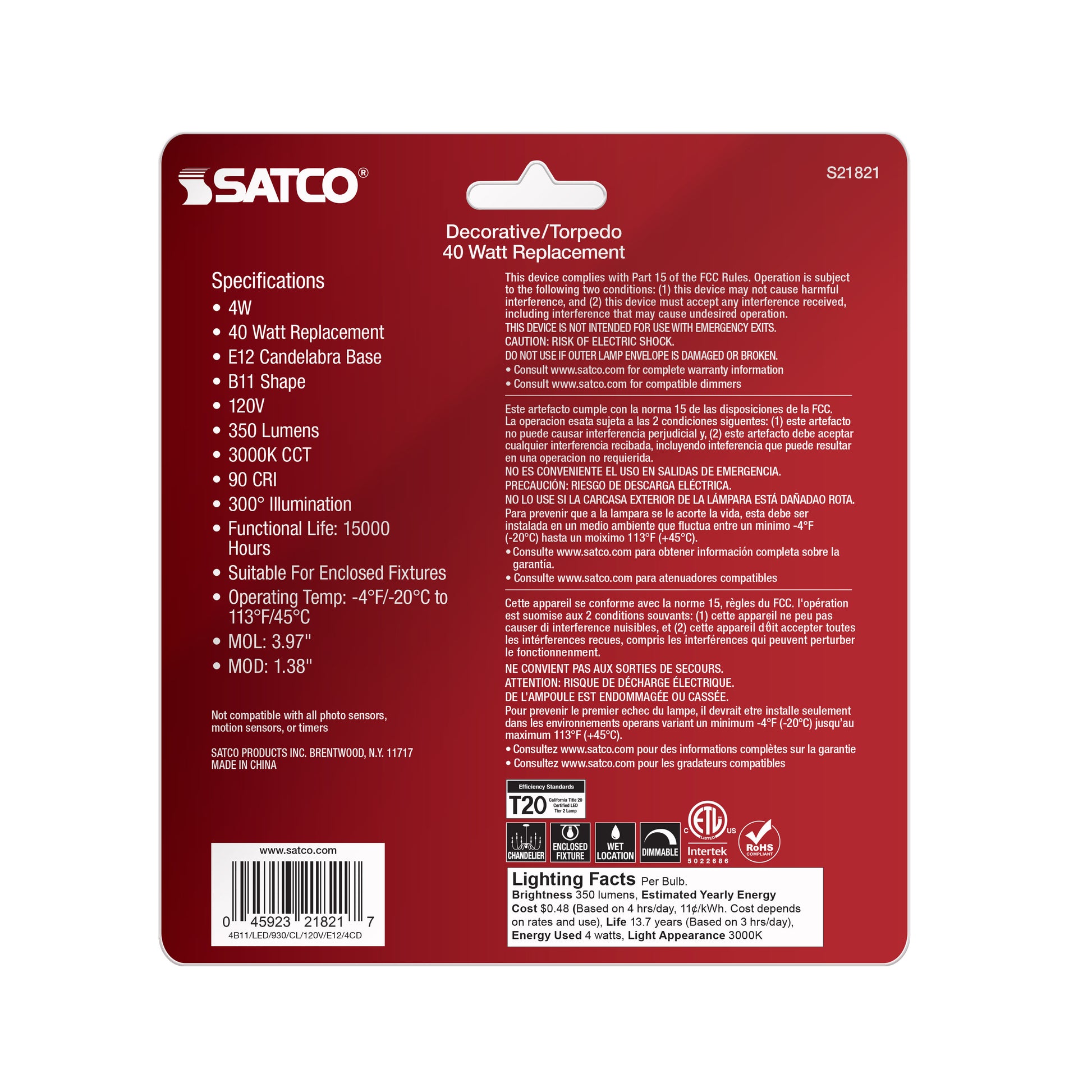 image of 4 Watt B11 LED - Clear - Candelabra Base - 3000K - 350 Lumens - 120 Volt - 4-Pack