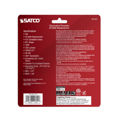 image of 4 Watt B11 LED - Clear - Candelabra Base - 3000K - 350 Lumens - 120 Volt - 4-Pack