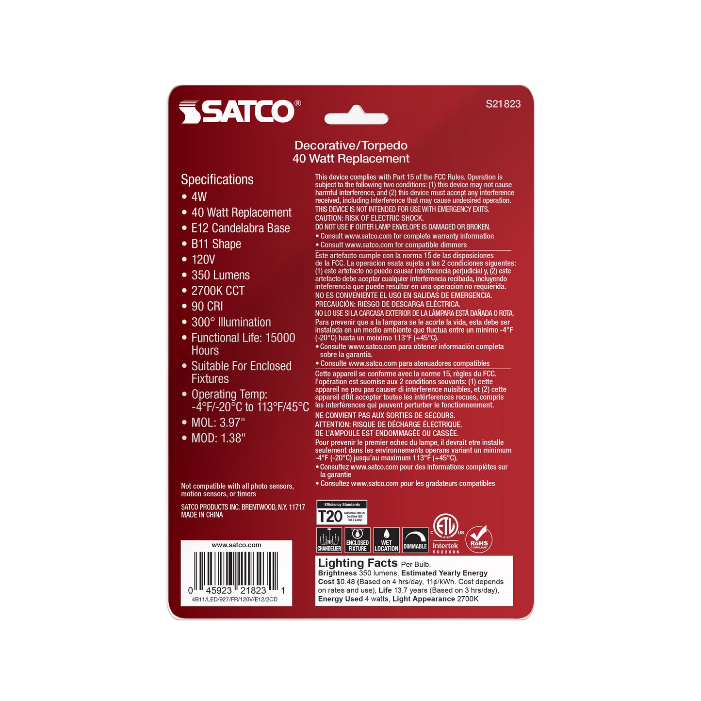 image of 4 Watt B11 LED - Frosted - Candelabra Base - 2700K - 350 Lumens - 120 Volt - 2-Pack