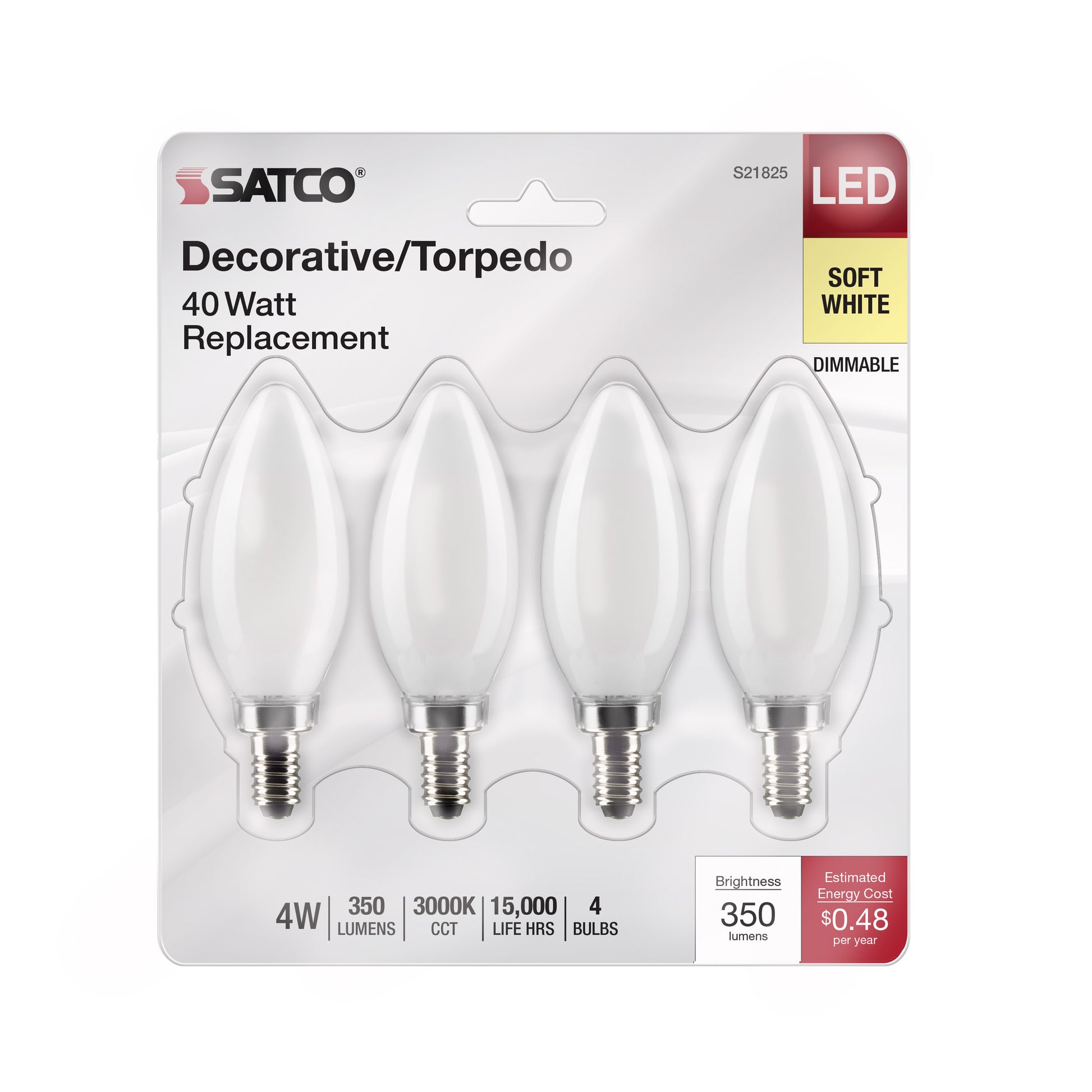 image of 4 Watt B11 LED - Frosted - Candelabra Base - 3000K - 350 Lumens - 120 Volt - 4-Pack
