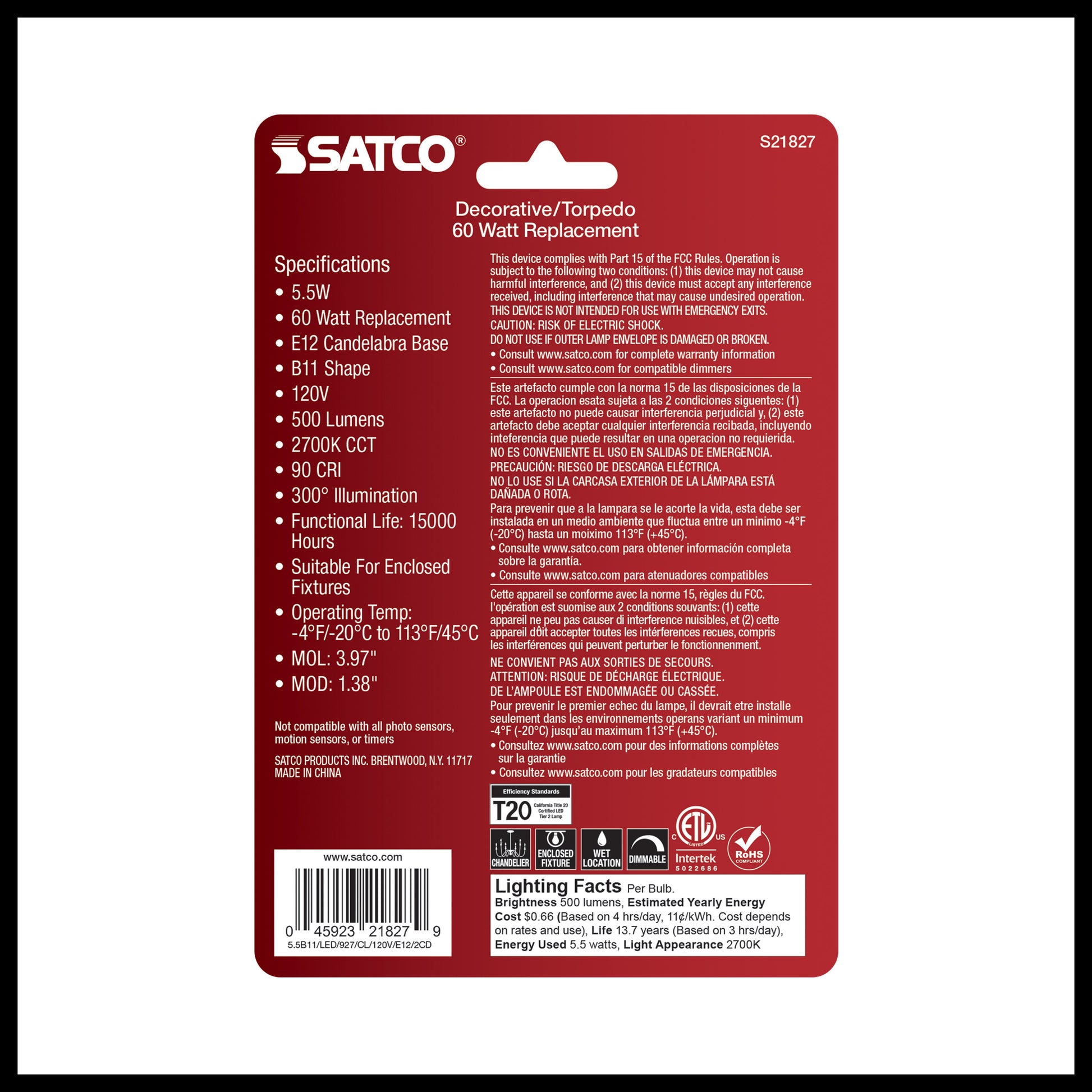 image of 5.5 Watt B11 LED - Clear - Candelabra Base - 2700K - 500 Lumens - 120 Volt - 2-Pack