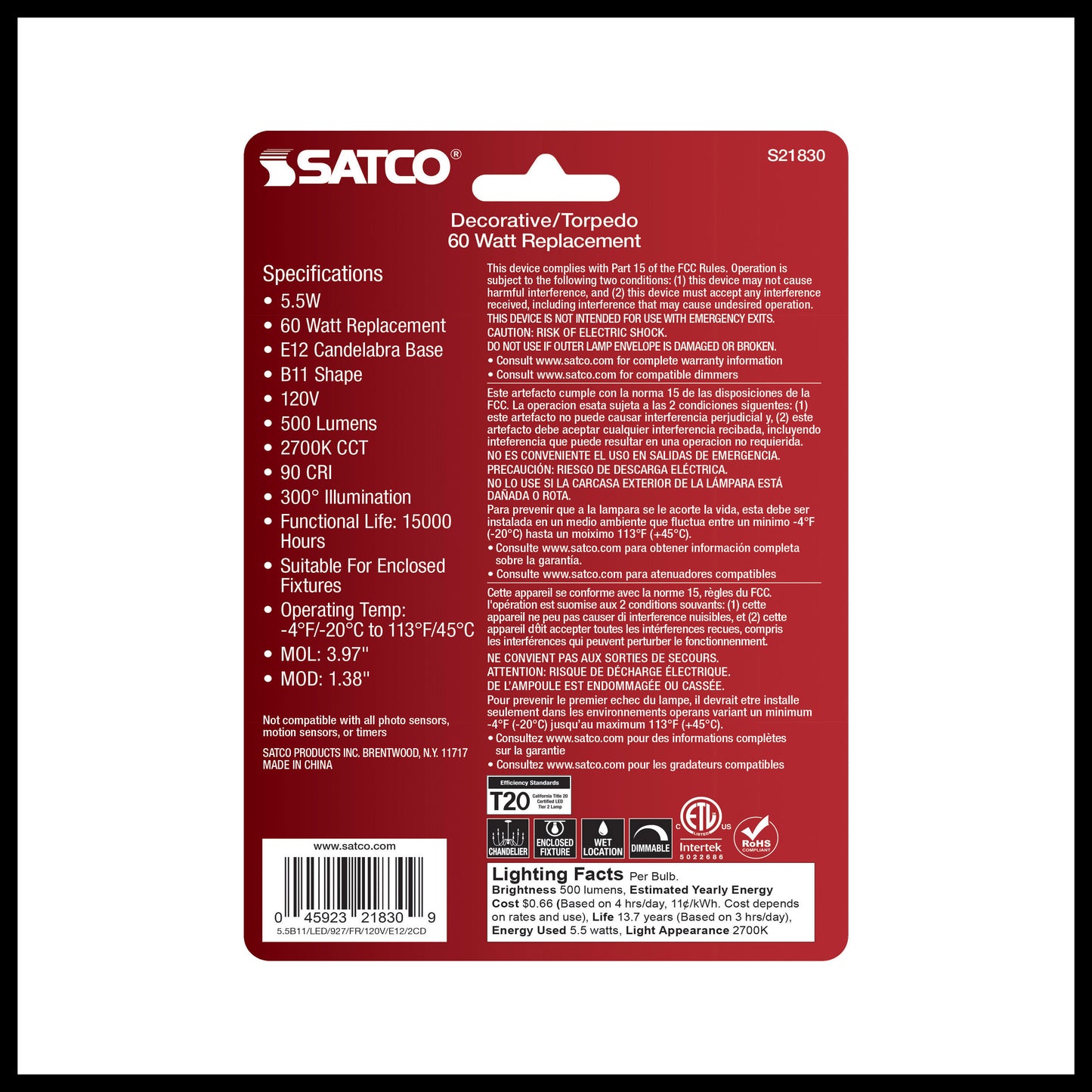 image of 5.5 Watt B11 LED - Frosted - Candelabra Base - 2700K - 500 Lumens - 120 Volt - 2-Pack