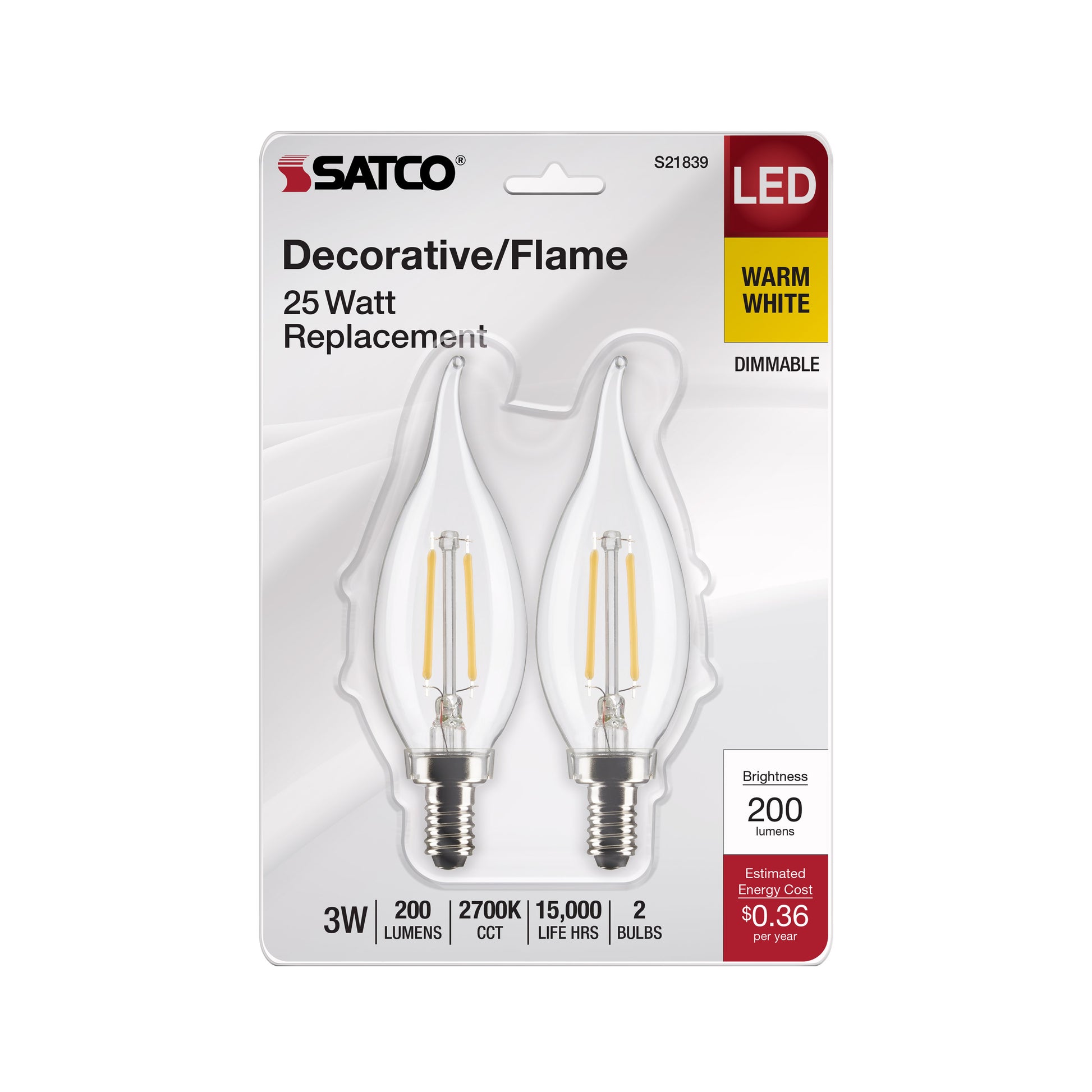 image of 3 Watt CA10 LED - Clear - Candelabra Base - 2700K - 200 Lumens - 120 Volt - 2-Pack