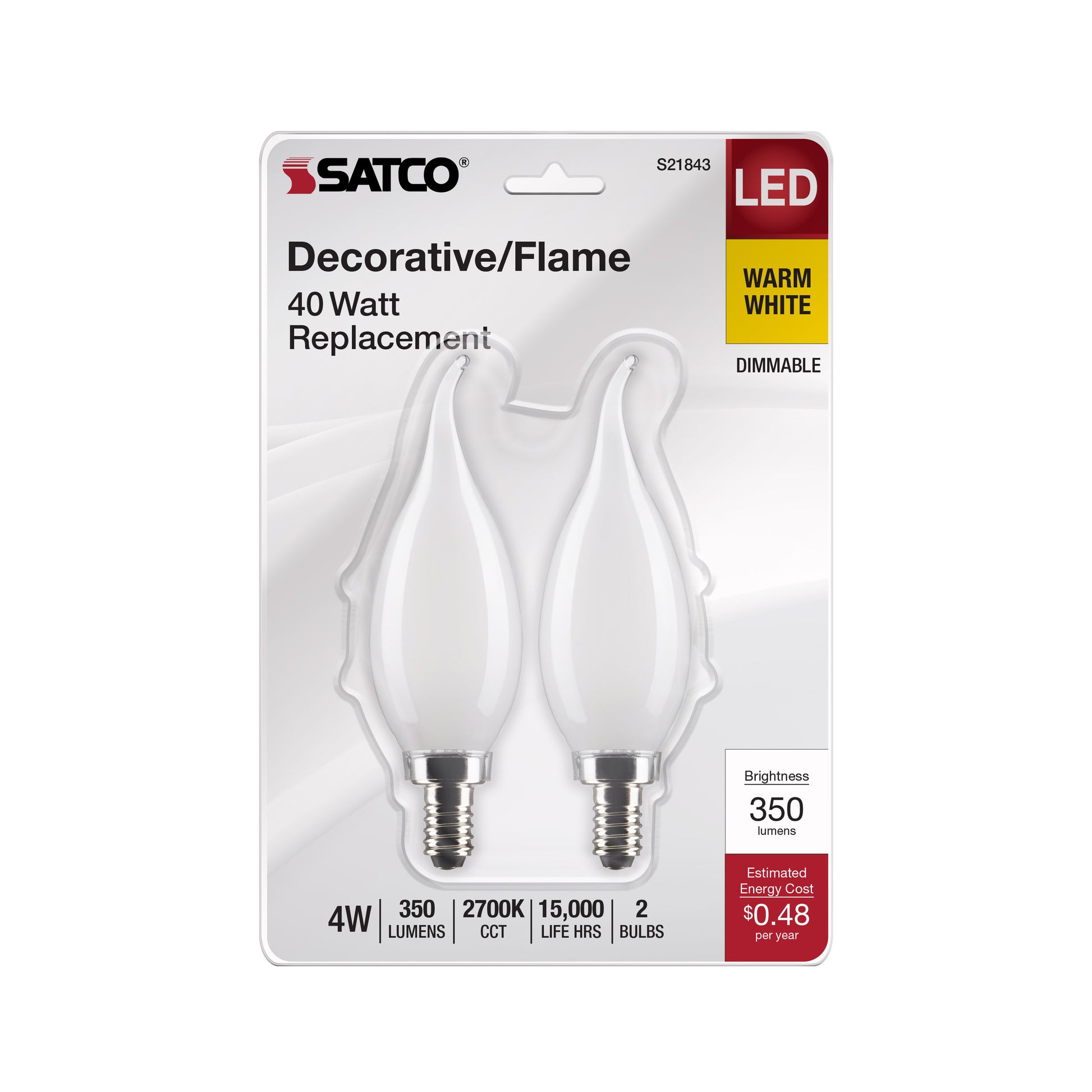 image of 4 Watt CA10 LED - Frosted - Candelabra Base - 2700K - 350 Lumens - 120 Volt - 2-Pack