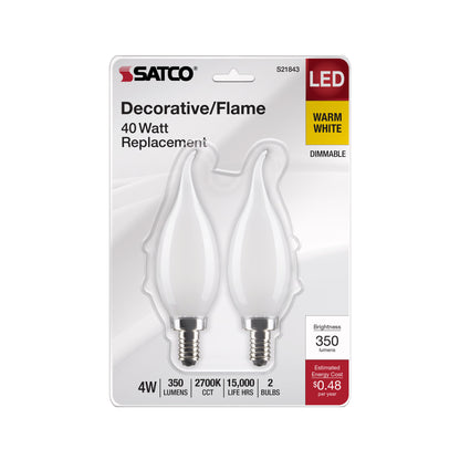 image of 4 Watt CA10 LED - Frosted - Candelabra Base - 2700K - 350 Lumens - 120 Volt - 2-Pack