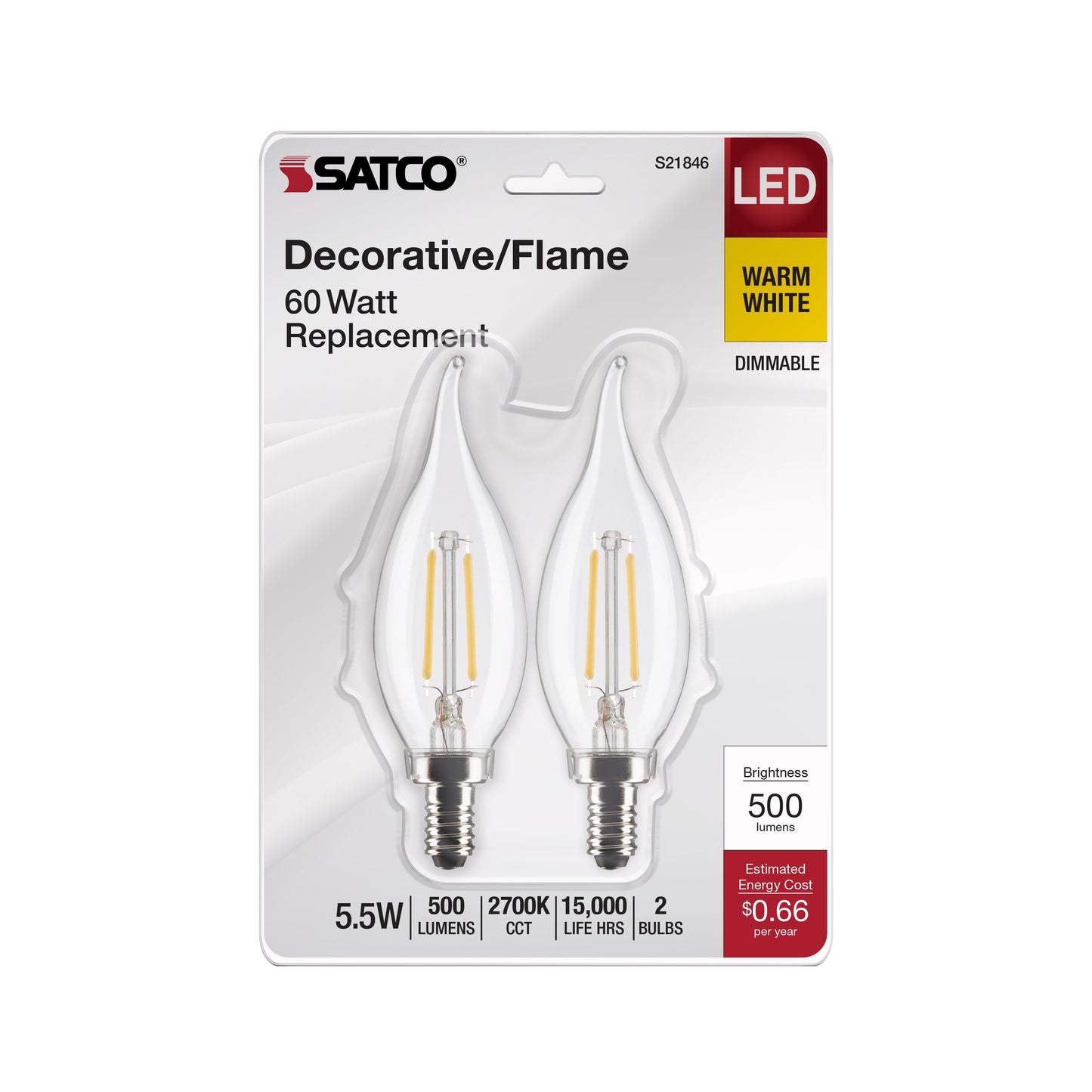 image of 5.5 Watt CA10 LED - Clear - Candelabra Base - 2700K - 500 Lumens - 120 Volt - 2-Pack