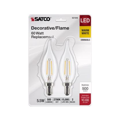image of 5.5 Watt CA10 LED - Clear - Candelabra Base - 2700K - 500 Lumens - 120 Volt - 2-Pack