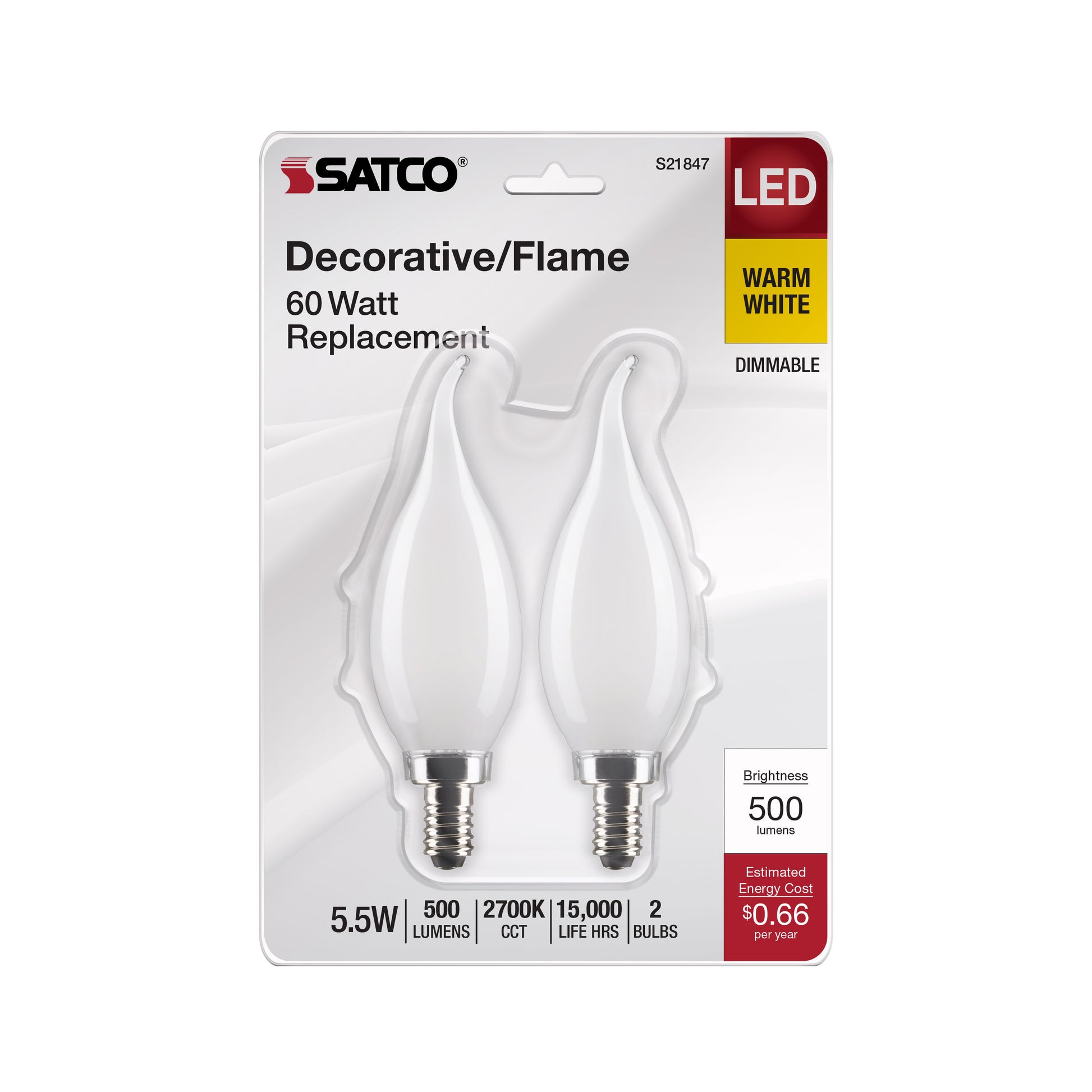 image of 5.5 Watt CA10 LED - Frosted - Candelabra Base - 2700K - 500 Lumens - 120 Volt - 2-Pack