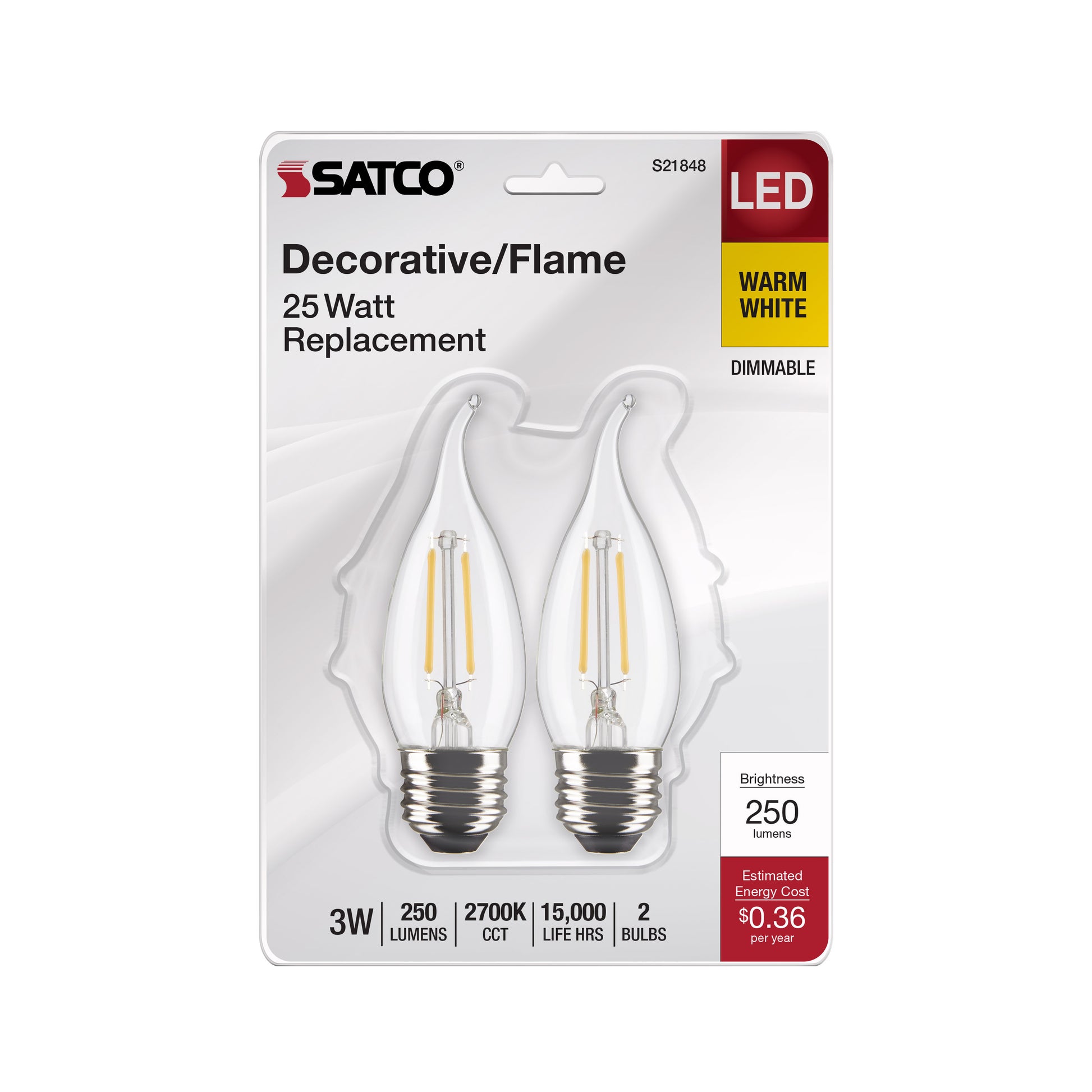 image of 3 Watt CA10 LED - Clear - Medium Base - 2700K - 250 Lumens - 120 Volt - 2-Pack