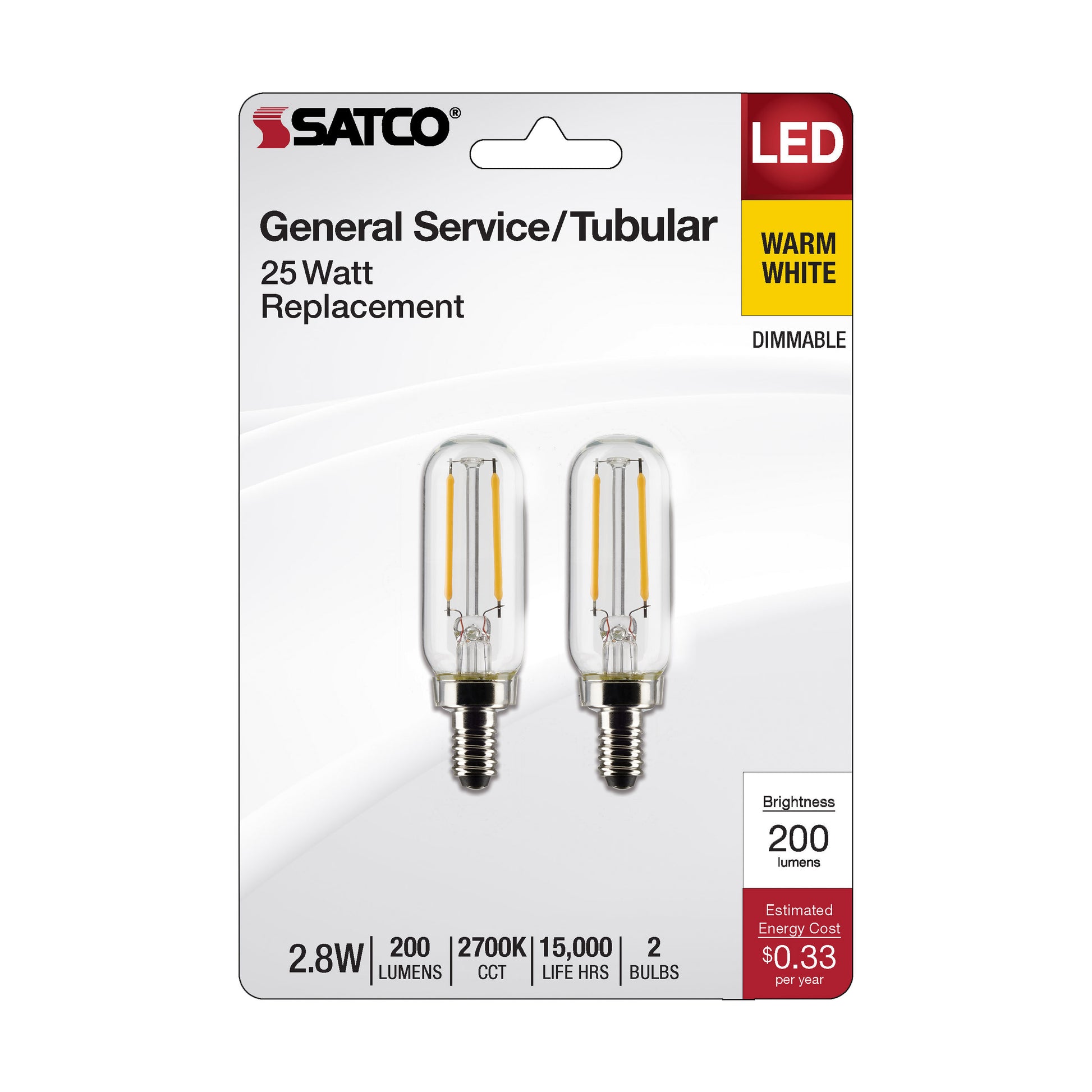 image of 2.8 Watt T6 LED - Clear - Candelabra Base - 2700K - 200 Lumens - 120 Volt - 2-Pack