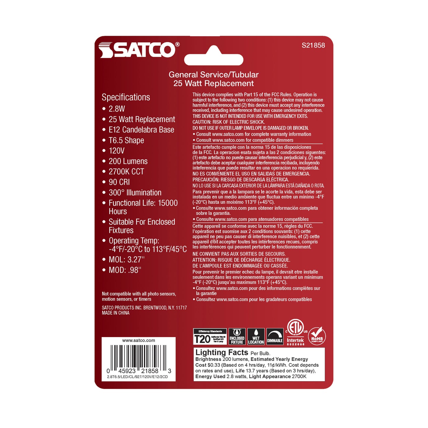 image of 2.8 Watt T6 LED - Clear - Candelabra Base - 2700K - 200 Lumens - 120 Volt - 2-Pack