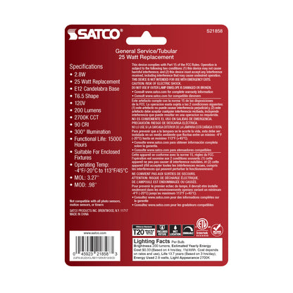 image of 2.8 Watt T6 LED - Clear - Candelabra Base - 2700K - 200 Lumens - 120 Volt - 2-Pack