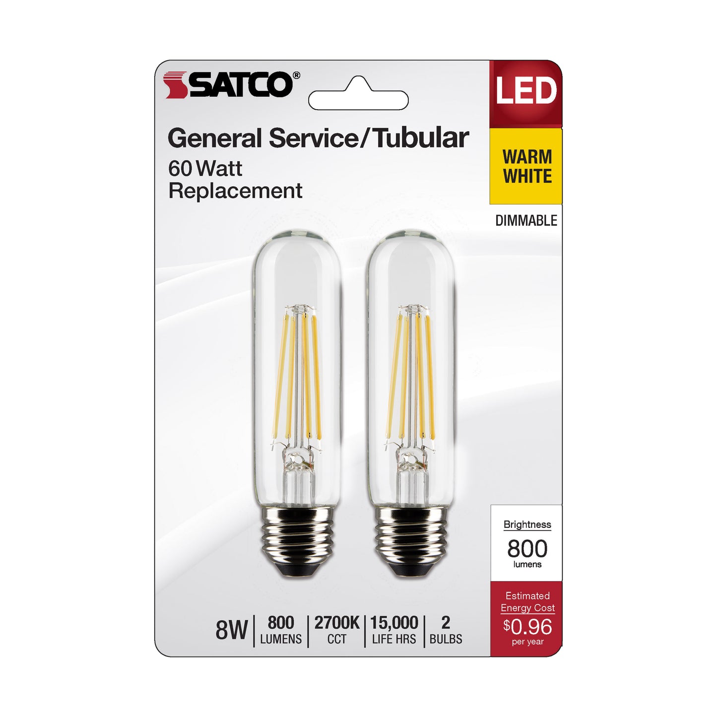 image of 8 Watt T10 LED - Clear - Medium Base - 2700K - 800 Lumens - 120 Volt - 2-Pack