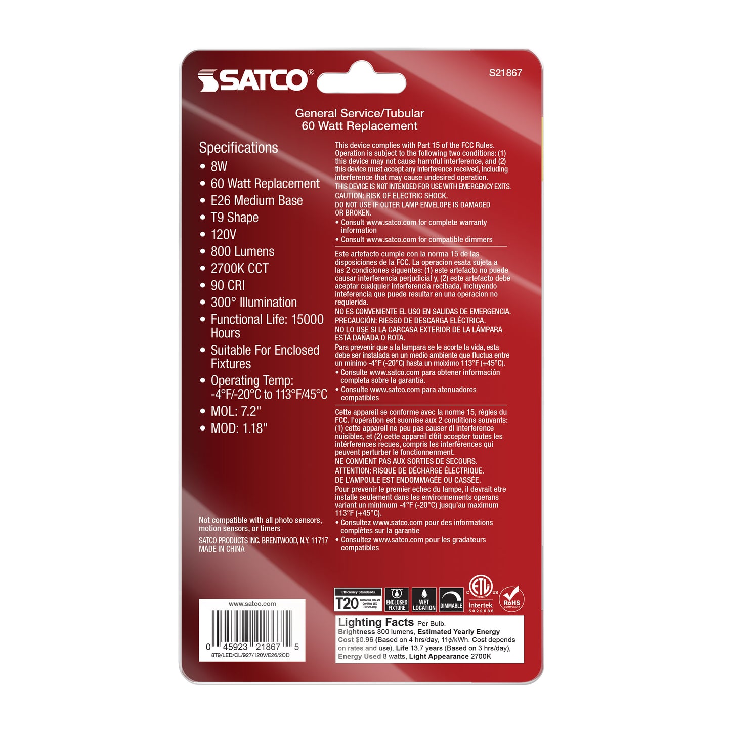 image of 8 Watt T9 LED - Clear - Medium Base - 2700K - 800 Lumens - 120 Volt - 2-Pack