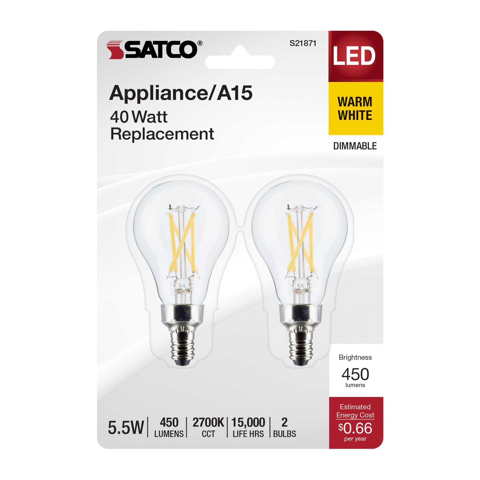 image of 5.5 Watt A15 LED - Clear - Candelabra Base - 2700K - 450 Lumens - 2-Pack