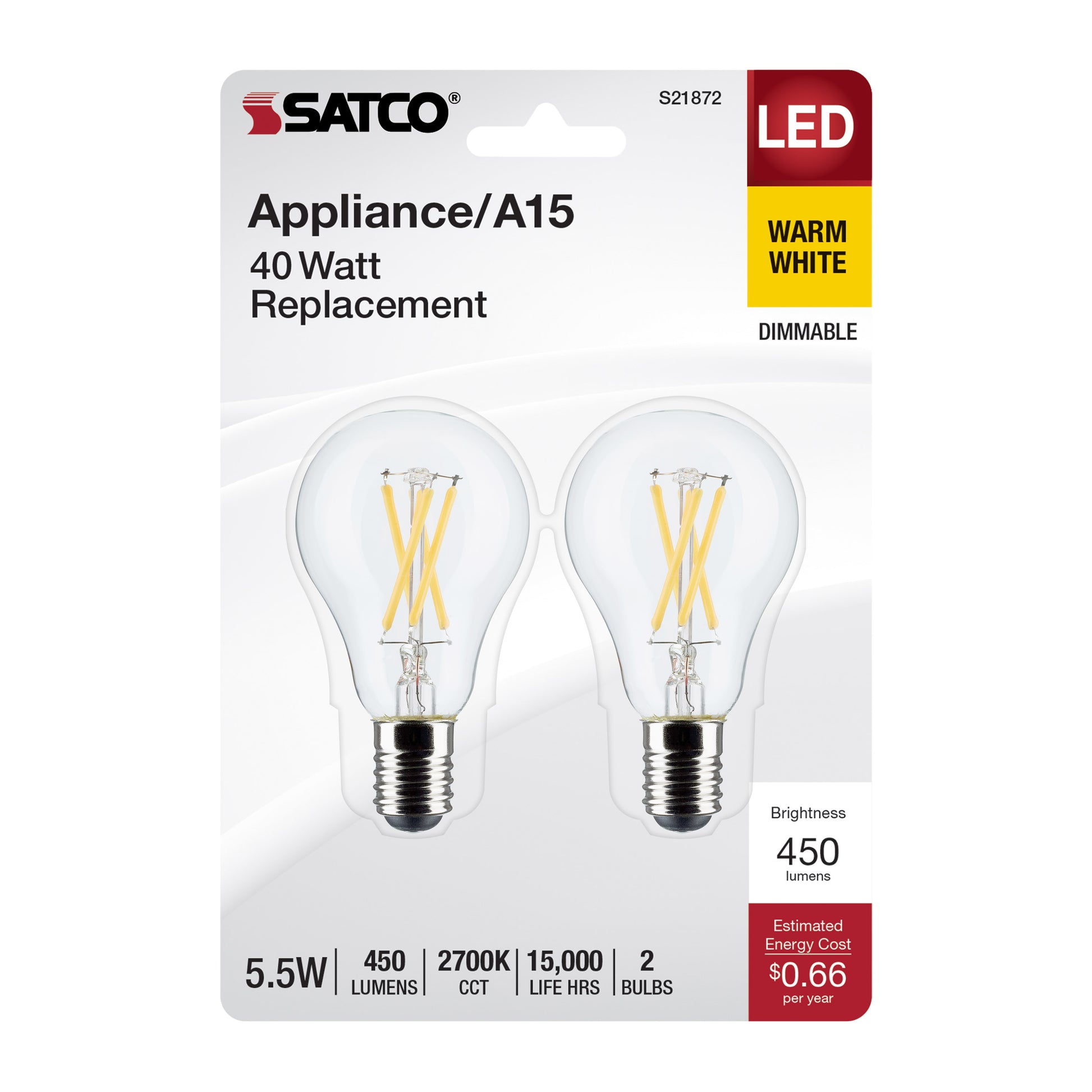 image of 5.5 Watt A15 LED - Clear - Intermediate Base - 2700K - 450 Lumens - 2-Pack