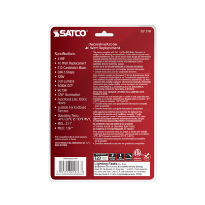 image of 4.5 Watt G16.5 LED - White - Candelabra Base - 5000K - 120 Volt - 2-Card