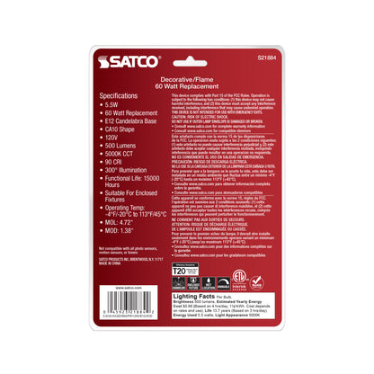 image of 5.5 Watt CA10 LED - Frost Finish - Candelabra Base - 5000K - 120 Volt - 2-Card