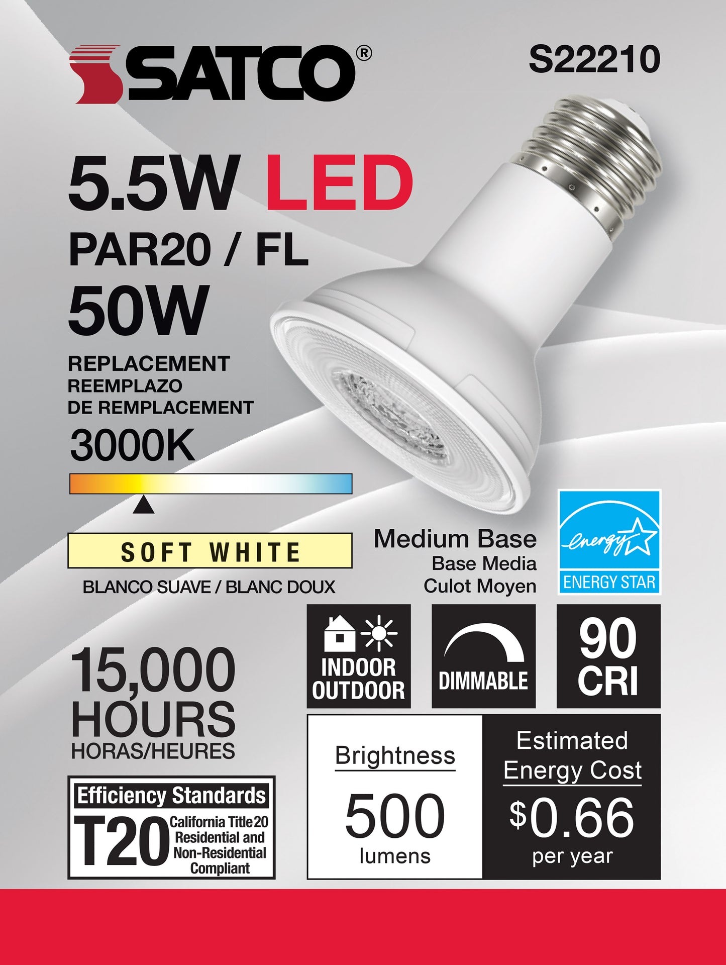 image of 5.5 Watt PAR20 LED - 90 CRI - 3000K - 40 deg. Beam Angle - Medium base - 120 Volt