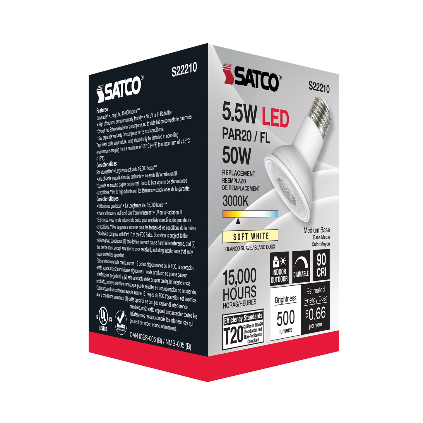 image of 5.5 Watt PAR20 LED - 90 CRI - 3000K - 40 deg. Beam Angle - Medium base - 120 Volt