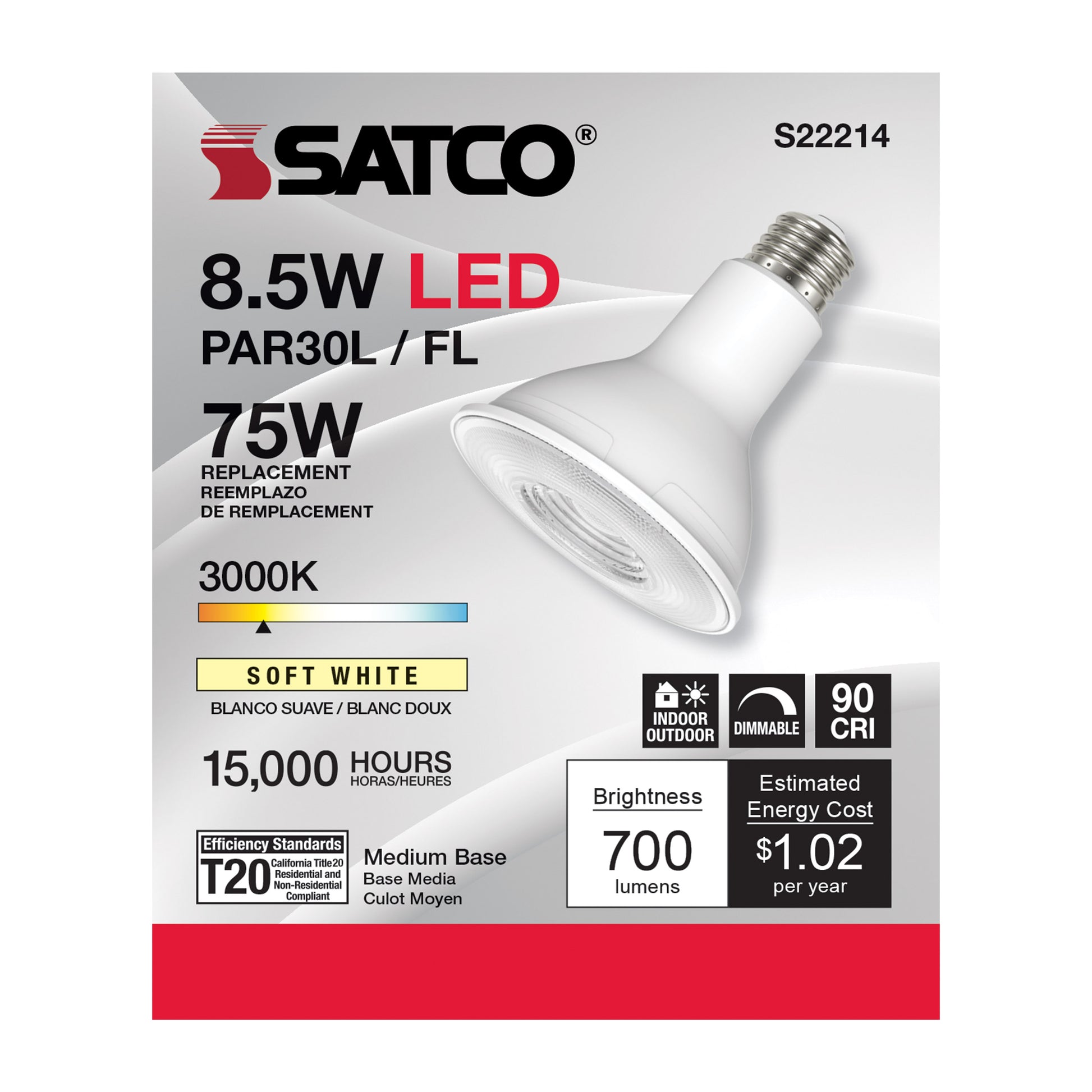 image of 8.5 Watt PAR30L LED - 90 CRI - 3000K - 40 deg. Beam Angle - Medium base - 120 Volt