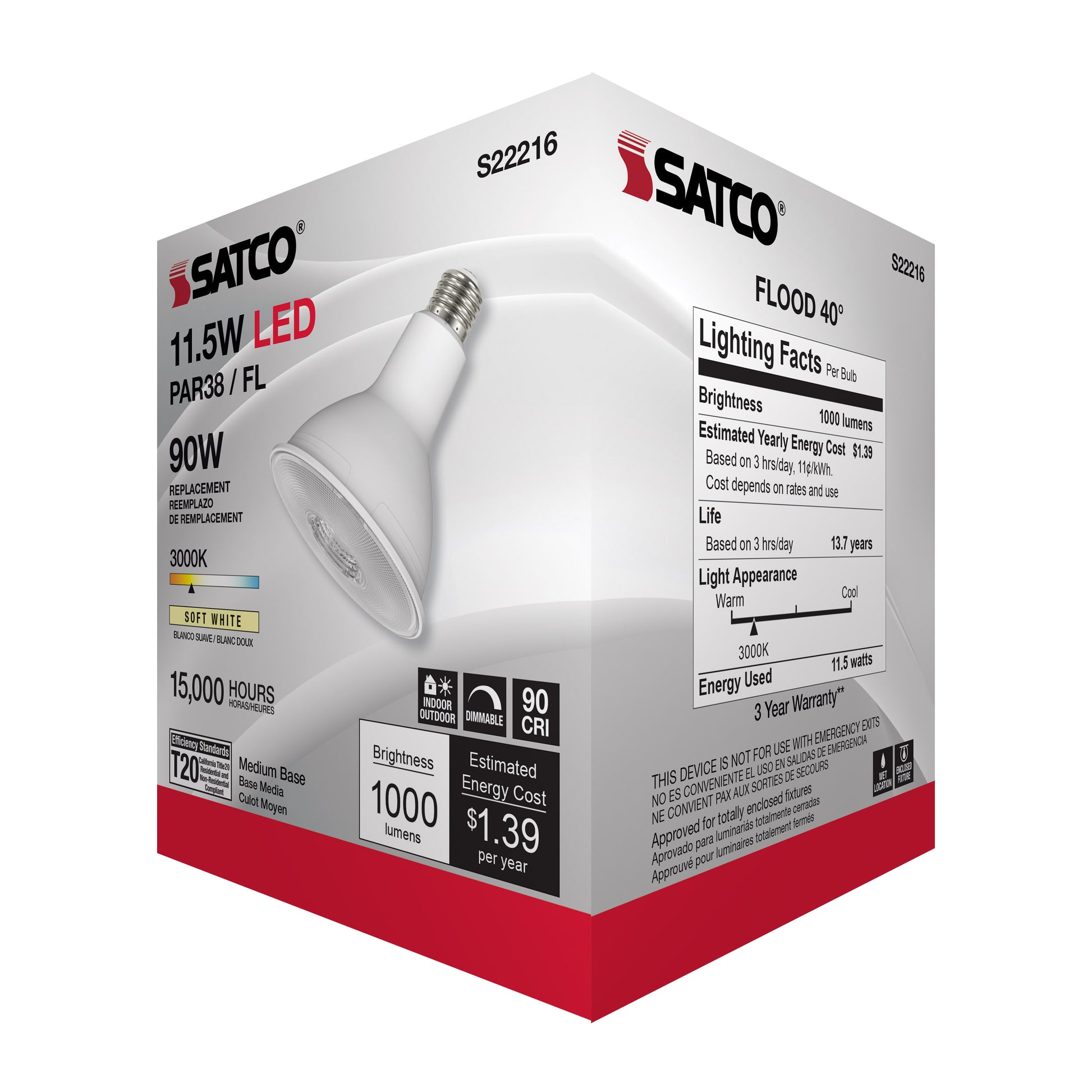 image of 11.5 Watt PAR38 LED - 90 CRI - 3000K - 40 deg. Beam Angle - Medium base - 120 Volt