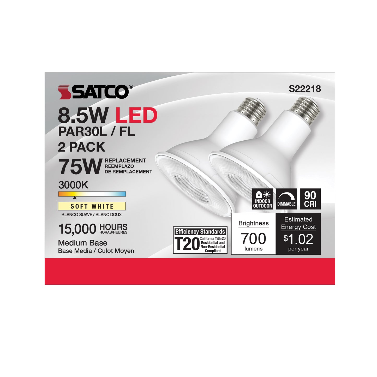 image of 8.5 Watt PAR30L LED - 90 CRI - 3000K - 40 deg. Beam Angle - Medium base - 120 Volt - Pack of 2