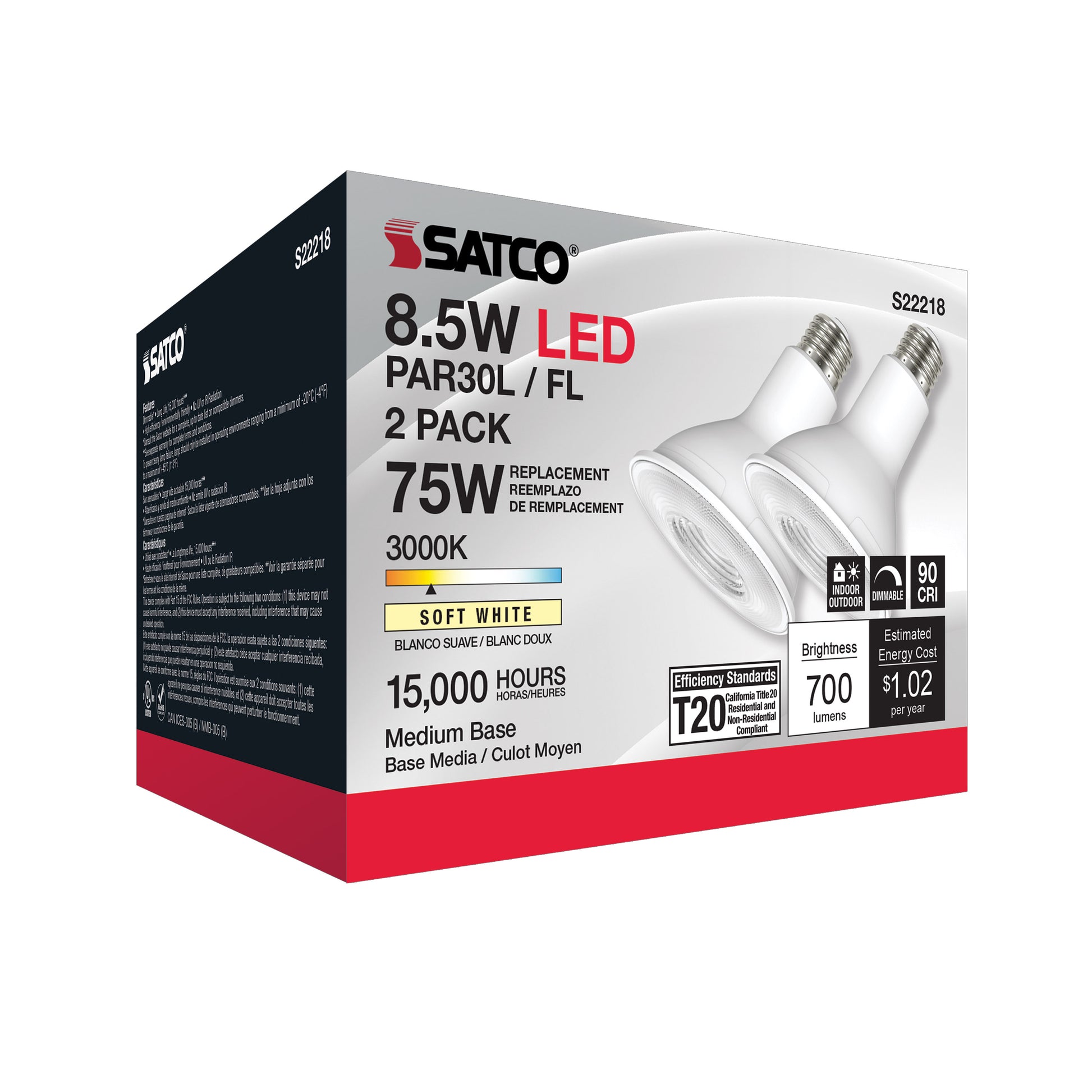 image of 8.5 Watt PAR30L LED - 90 CRI - 3000K - 40 deg. Beam Angle - Medium base - 120 Volt - Pack of 2