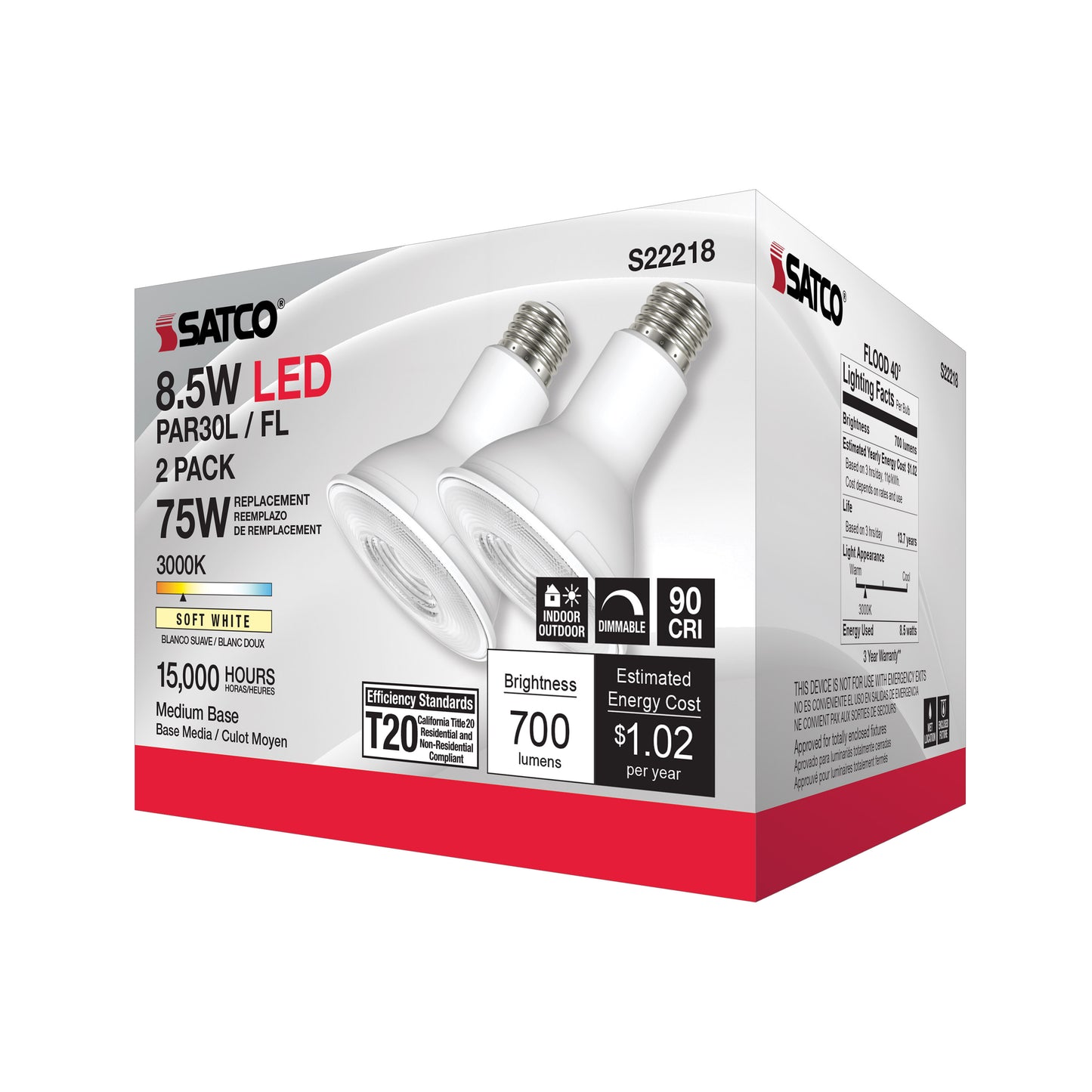 image of 8.5 Watt PAR30L LED - 90 CRI - 3000K - 40 deg. Beam Angle - Medium base - 120 Volt - Pack of 2