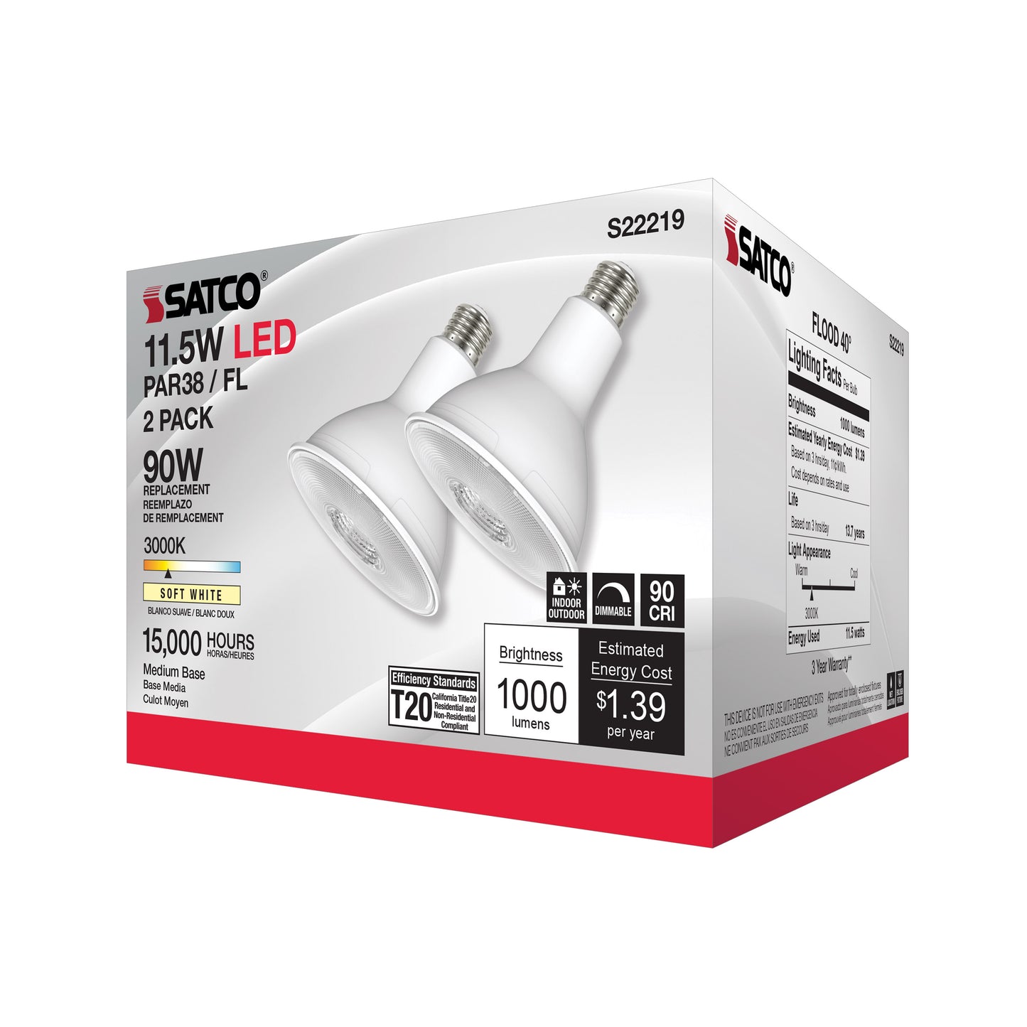 image of 11.5 Watt PAR38 LED - 90 CRI - 3000K - 40 deg. Beam Angle - Medium base - 120 Volt - Pack of 2