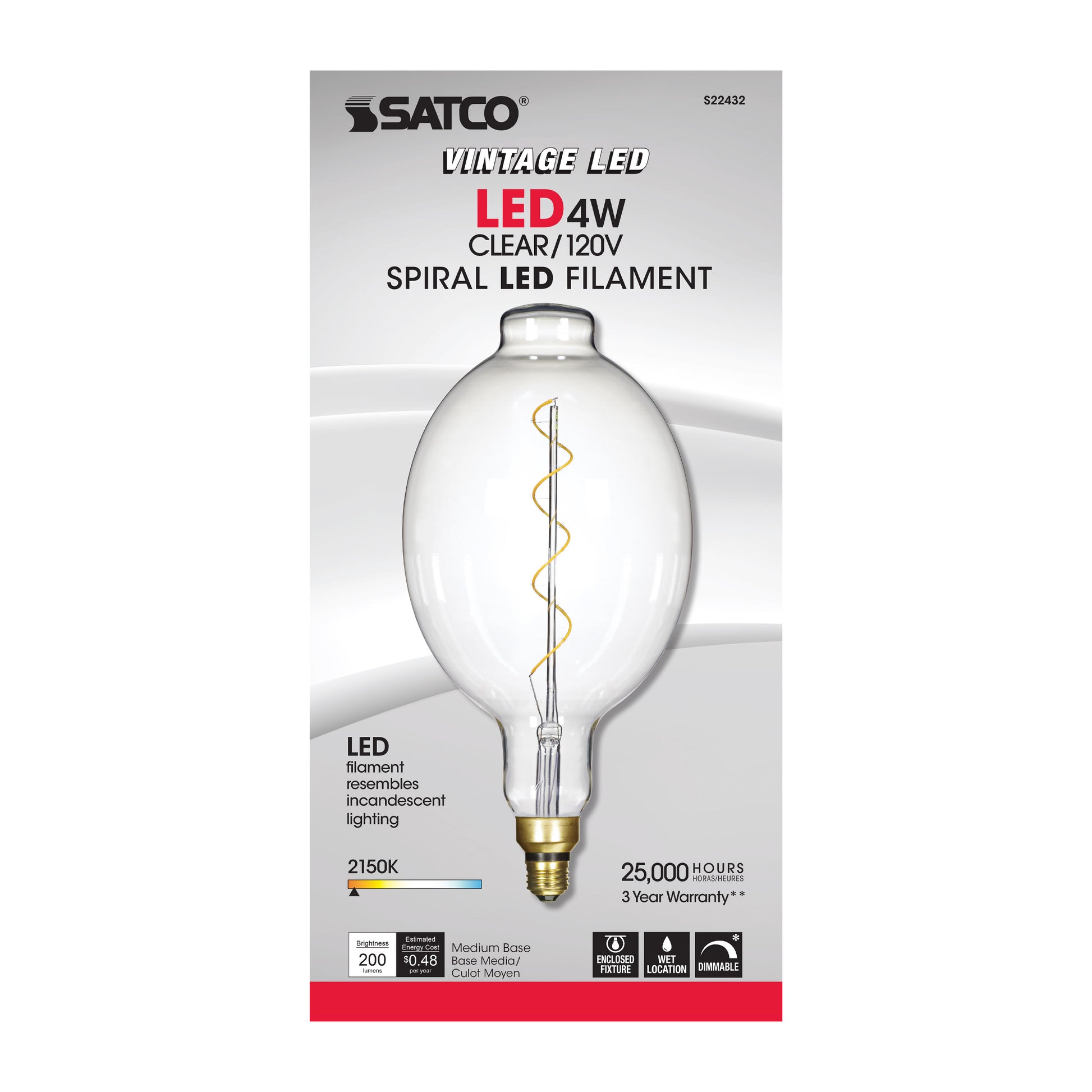 image of 4 Watt BT56 LED vintage style - Clear - 25000 Average rated hours - Medium Base - 120 Volt