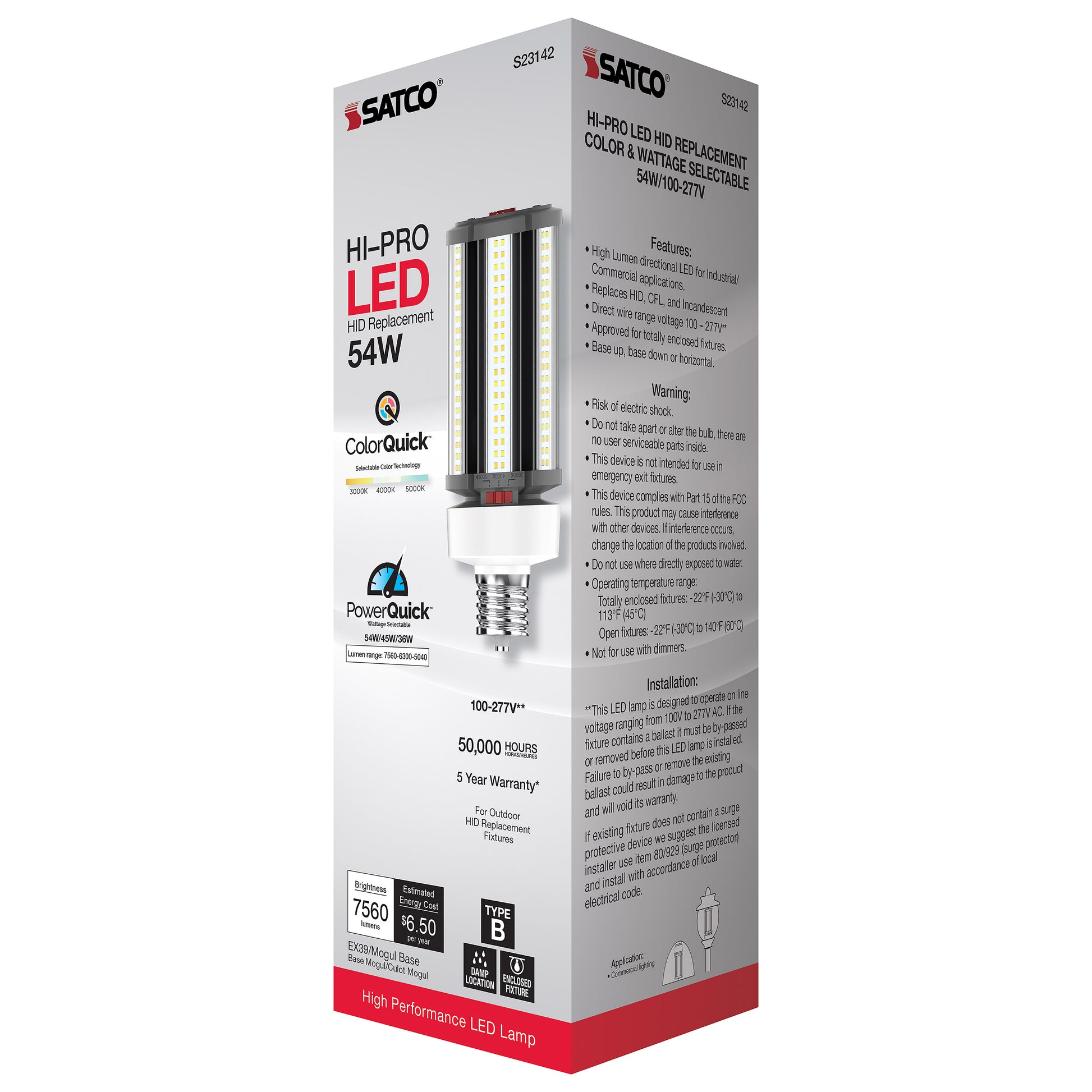 image of 54/45/36 Wattage Selectable - LED HID Replacement - CCT Selectable - Type B - Ballast Bypass - Extended Mogul base - 100-277 Volt - ColorQuick Technology - PowerQuick Technology