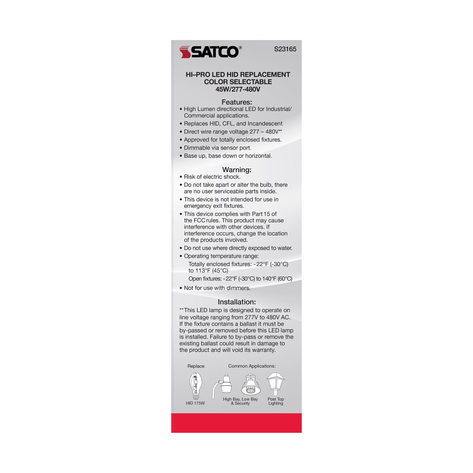 image of 45 Watt LED HID Replacement - CCT Selectable - Type B - Ballast Bypass - Mogul Extended Base - 277-480 Volt - ColorQuick Technology