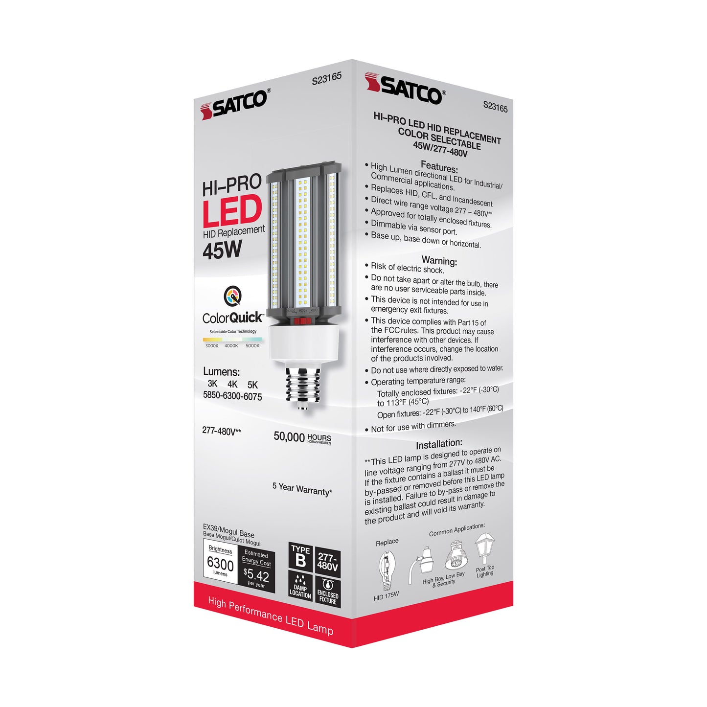 image of 45 Watt LED HID Replacement - CCT Selectable - Type B - Ballast Bypass - Mogul Extended Base - 277-480 Volt - ColorQuick Technology