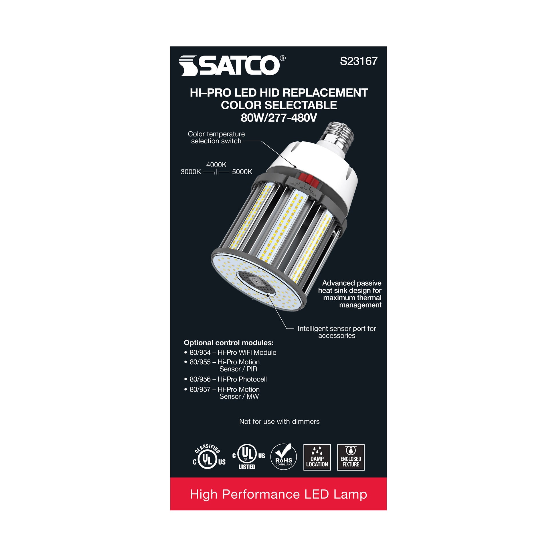 image of 80 Watt LED HID Replacement - CCT Selectable - Type B - Ballast Bypass - Mogul Extended Base - 277-480 Volt - ColorQuick Technology