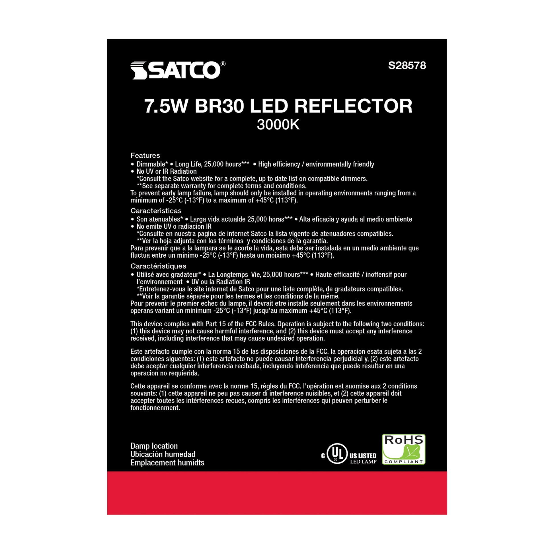image of 7.5 Watt - BR30 LED - 3000K - Medium base - 120 Volt