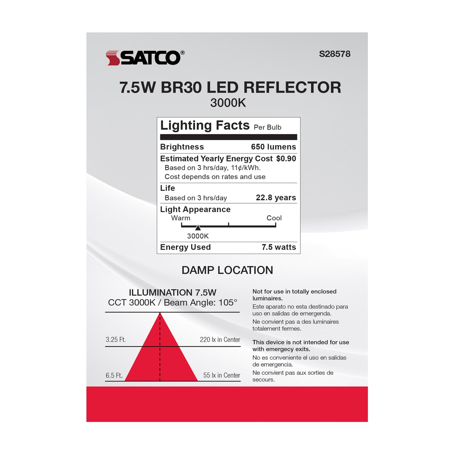 image of 7.5 Watt - BR30 LED - 3000K - Medium base - 120 Volt