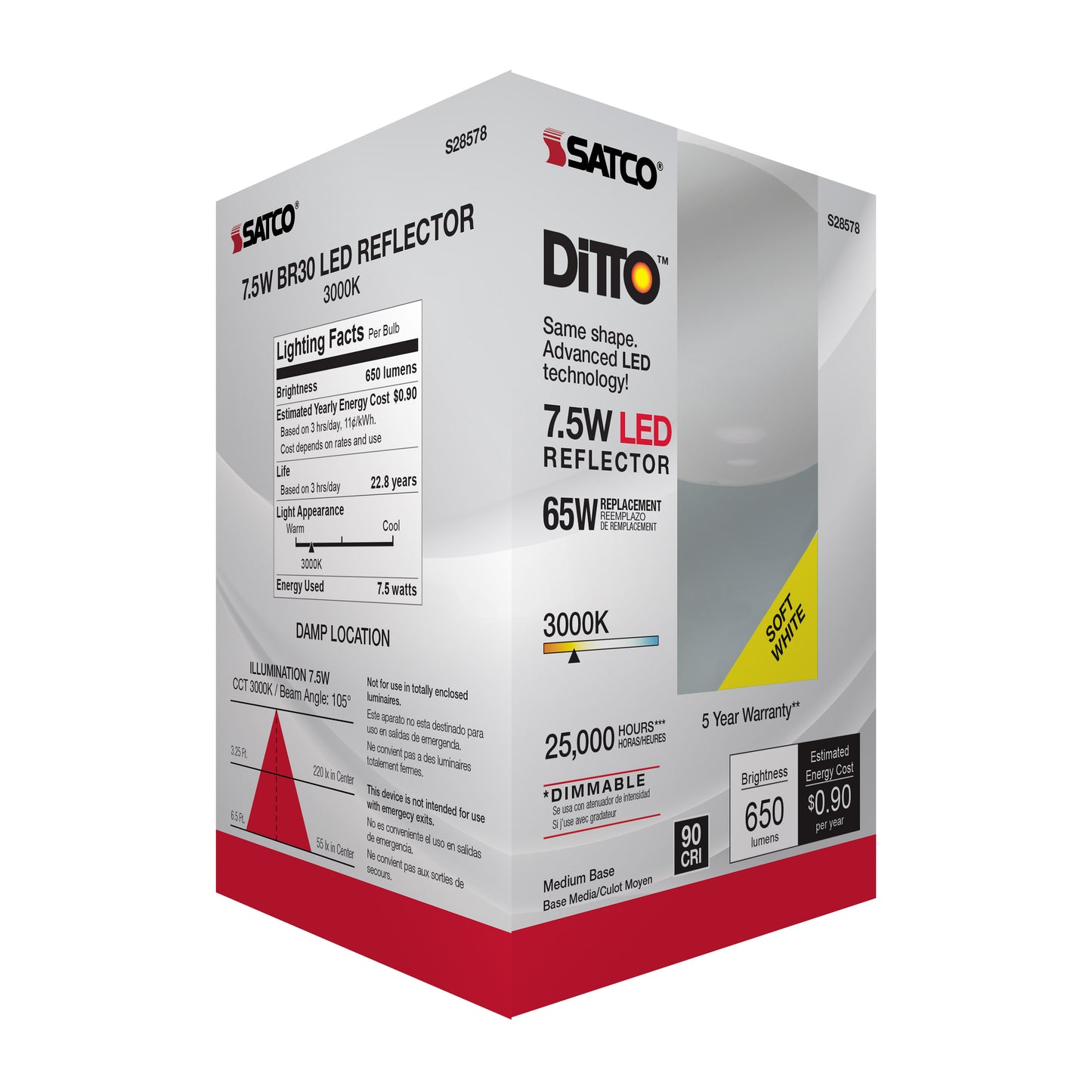 image of 7.5 Watt - BR30 LED - 3000K - Medium base - 120 Volt