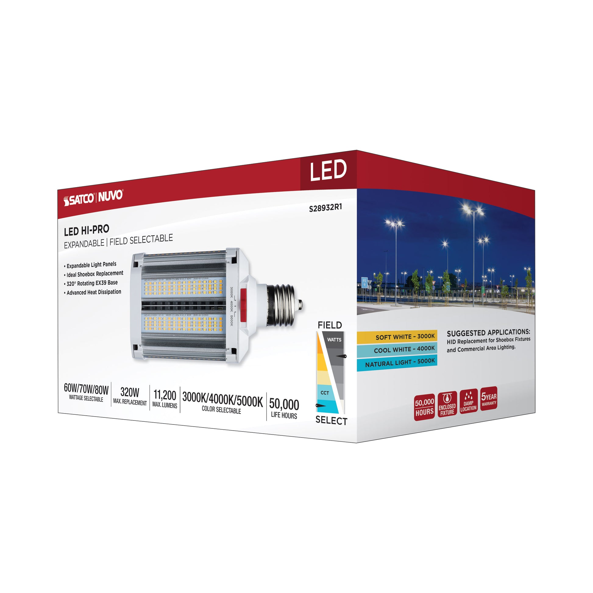 image of LED Shoe Box Lamp - 60/70/80 Wattage Selectable - 3K/4K/5K CCT Selectable - 120-277 Volt - White Finish