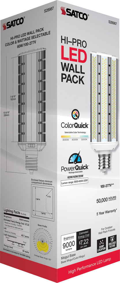 image of 20/40/60 Wattage Selectable - LED Hi-Pro Wall Pack - CCT Selectable 3K/4K/5K - Type B - Ballast Bypass - Extended Mogul base - 100-277 Volt - ColorQuick Technology - PowerQuick Technology